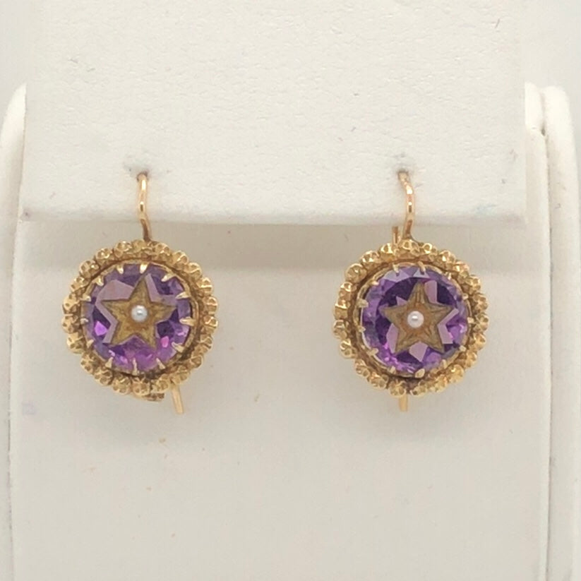 14K Yellow Gold Amethyst Seed Pearl Earrings  CE0219